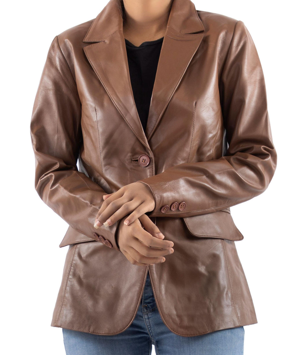 Classic 2-Button Lambskin Leather Blazer Women-Cognac – Jild