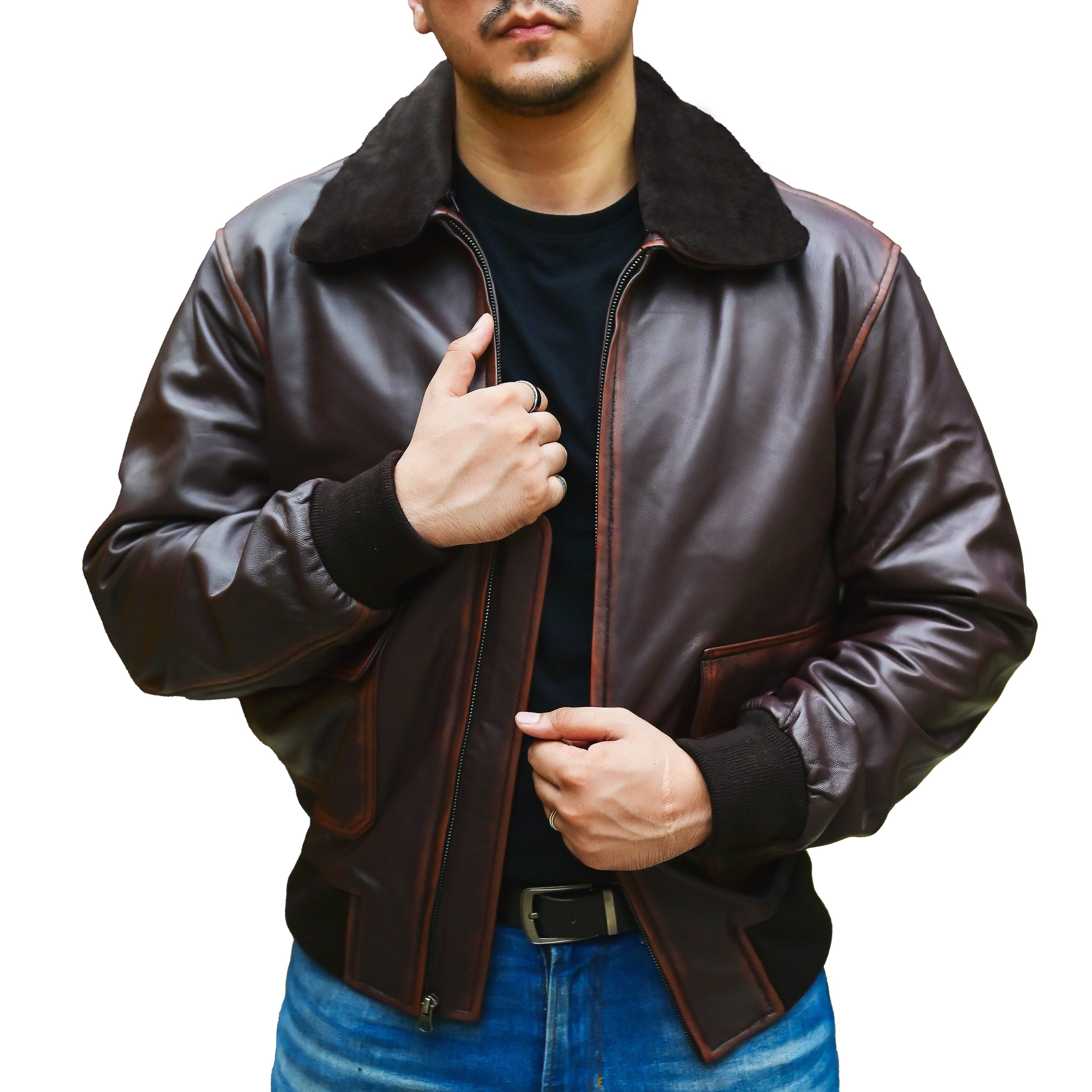 Navy G-1 Real Leather Bomber Jacket Men with Removable Fur Collar