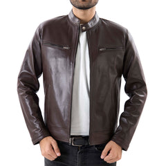 Brown Mens Pure Sheep Leather Zipper Jacket