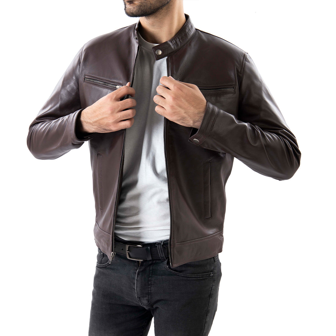 Brown Mens Pure Sheep Leather Zipper Jacket