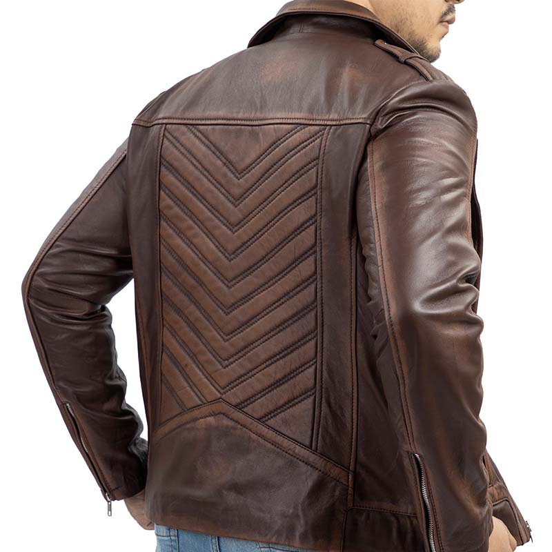 Biker Style Genuine Leather Jacket Men - Vintage Look Asymmetric Zip-Up Hand Waxed Leather Lapel Style Motorcycle Jacket-Brown