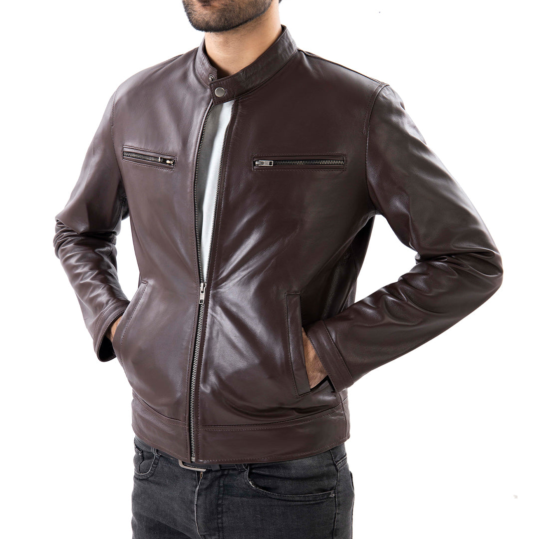 Brown Mens Pure Sheep Leather Zipper Jacket