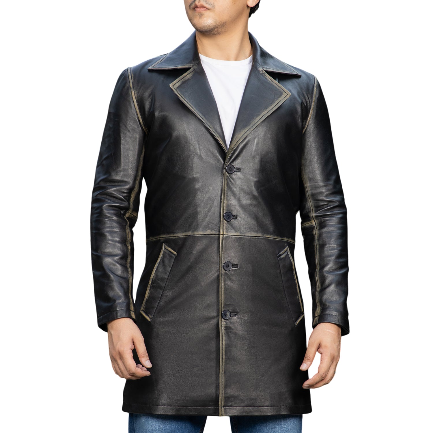 Jild Men's Classic Real Leather Trench Coat