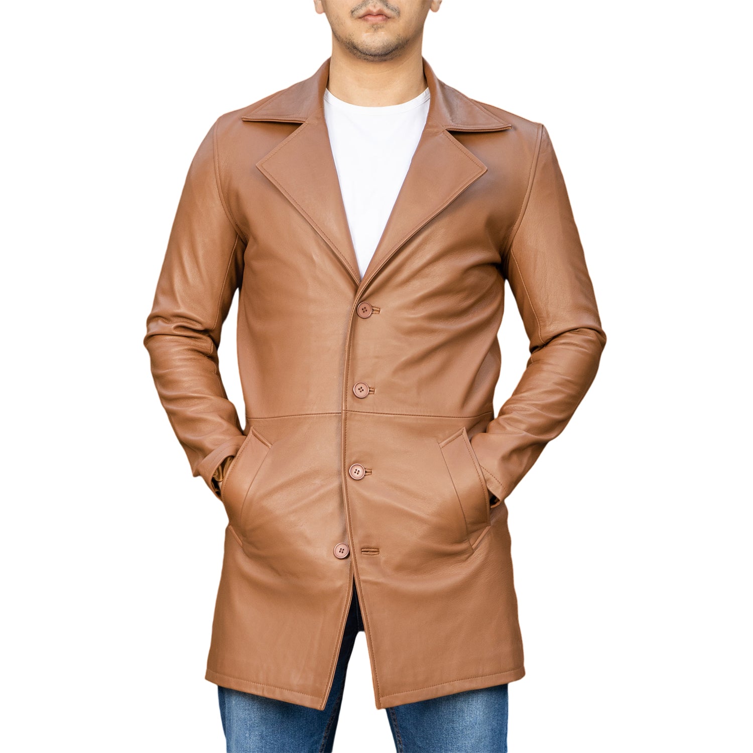 Jild Men's Classic Real Leather Trench Coat