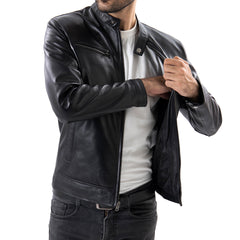 Black Mens Pure Sheep Leather Zipper Front Pockets Jacket