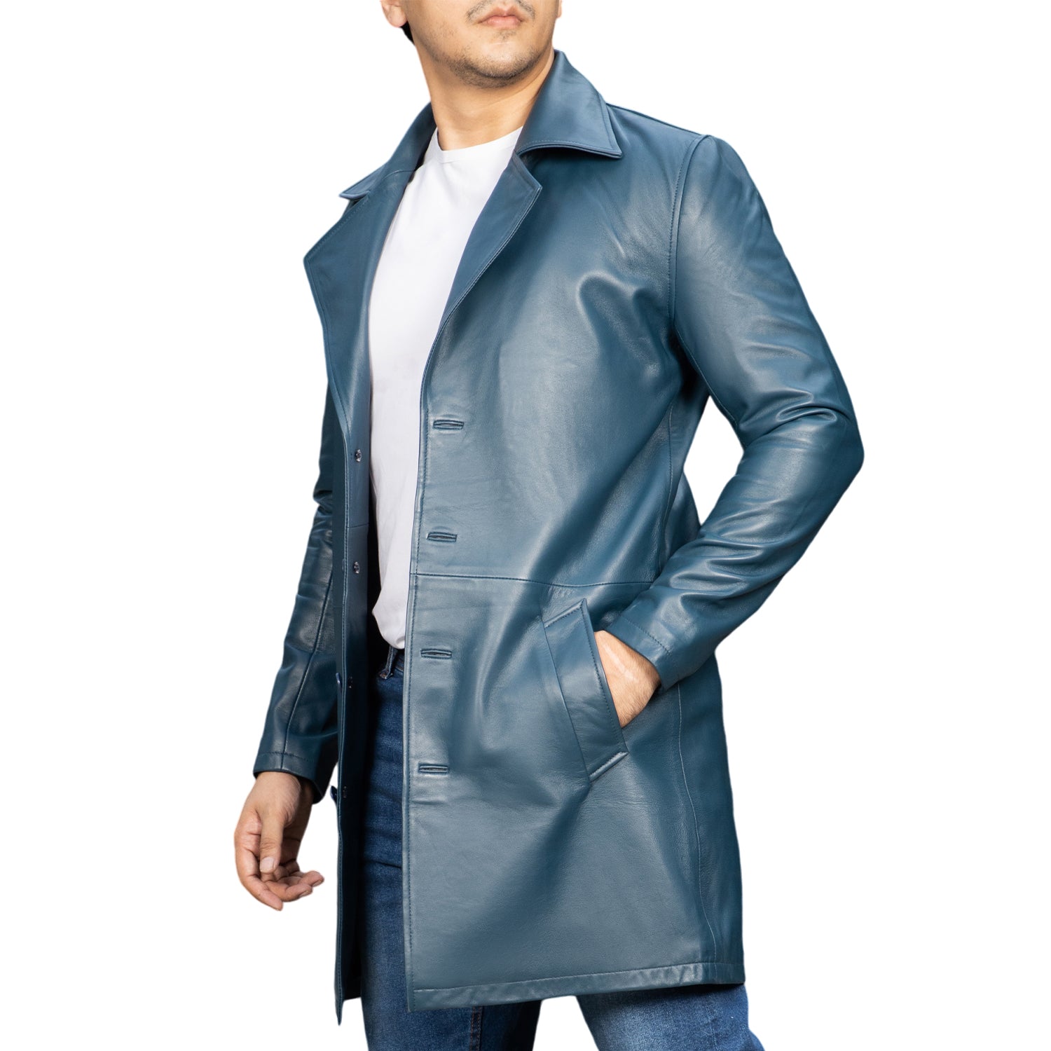 Jild Men's Classic Real Leather Trench Coat