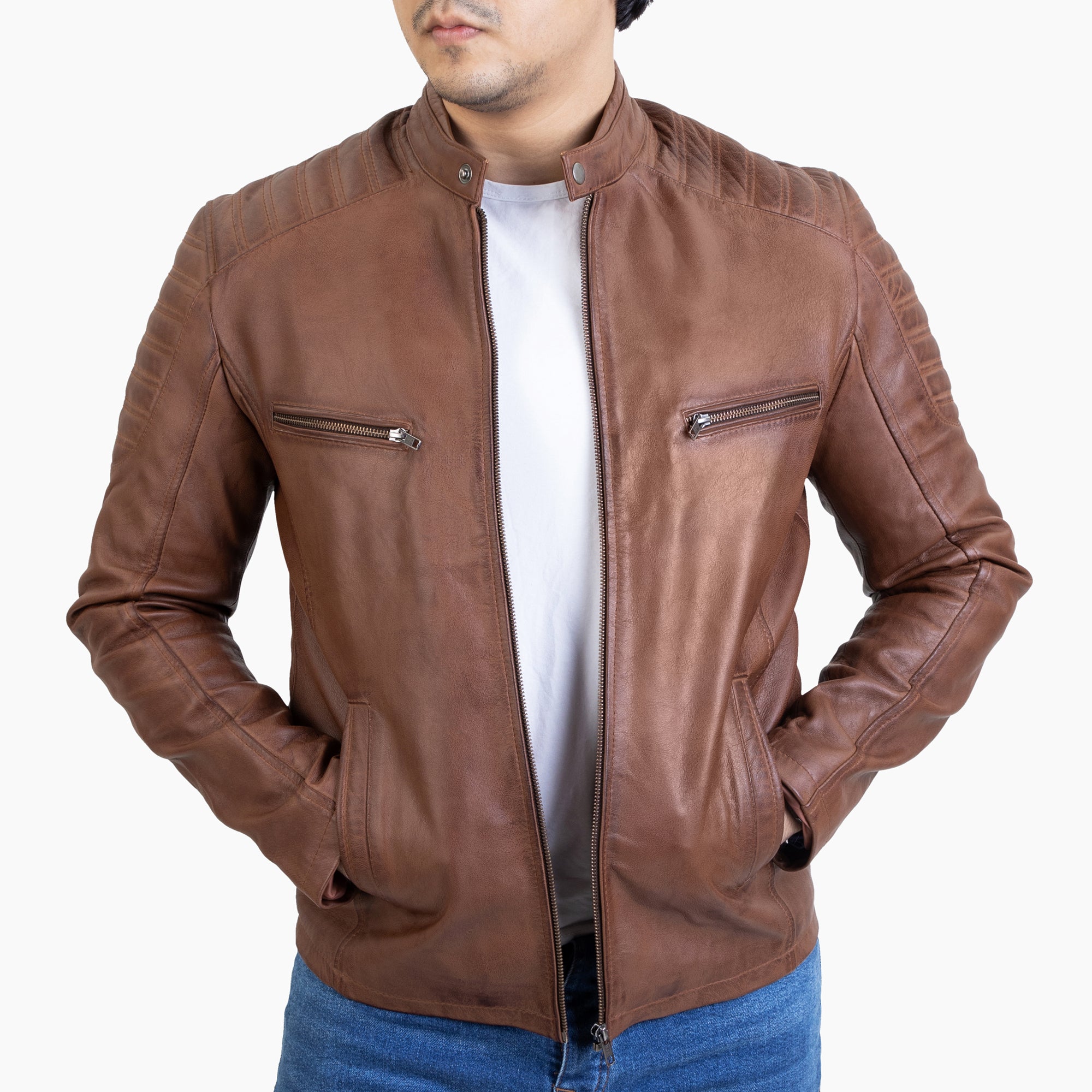 Mens Handwaxed Cognac Lambskin Biker Style Leather Jacket