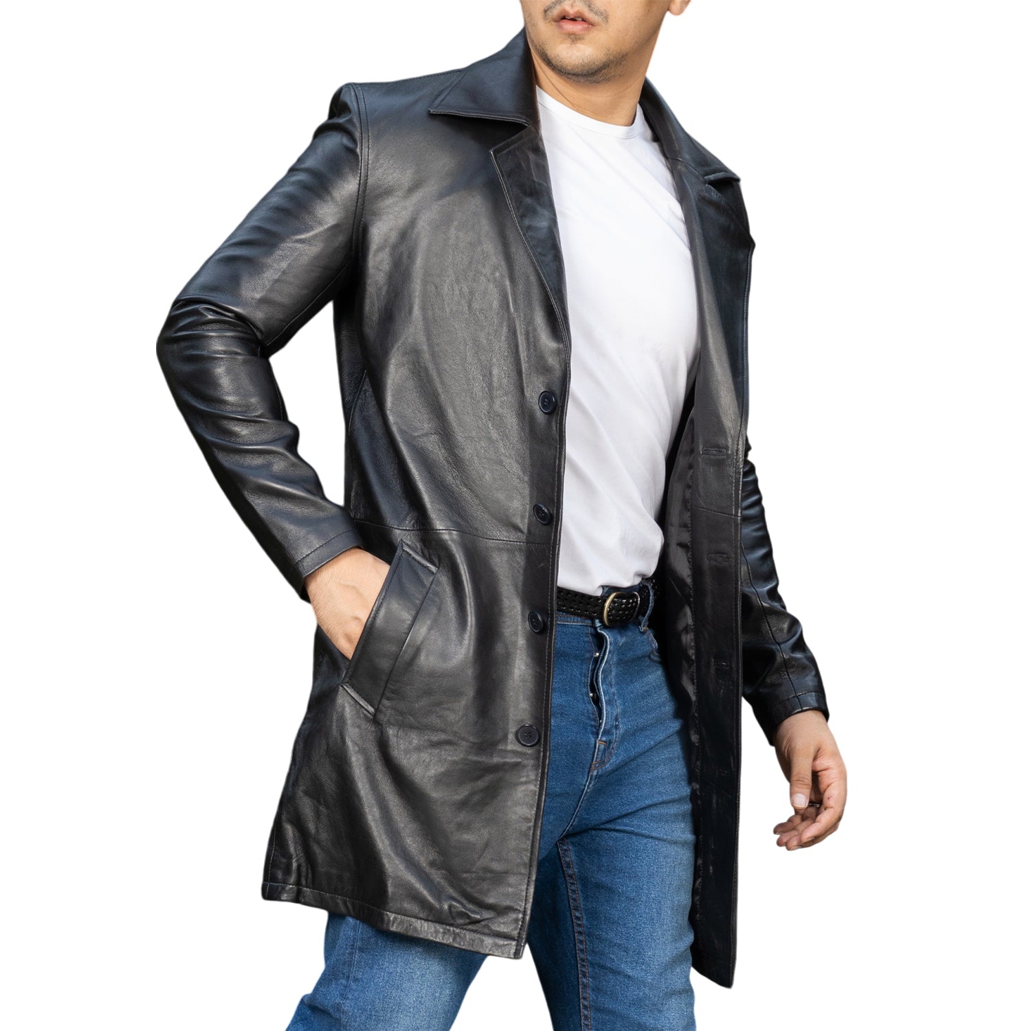 Jild Men's Classic Real Leather Trench Coat