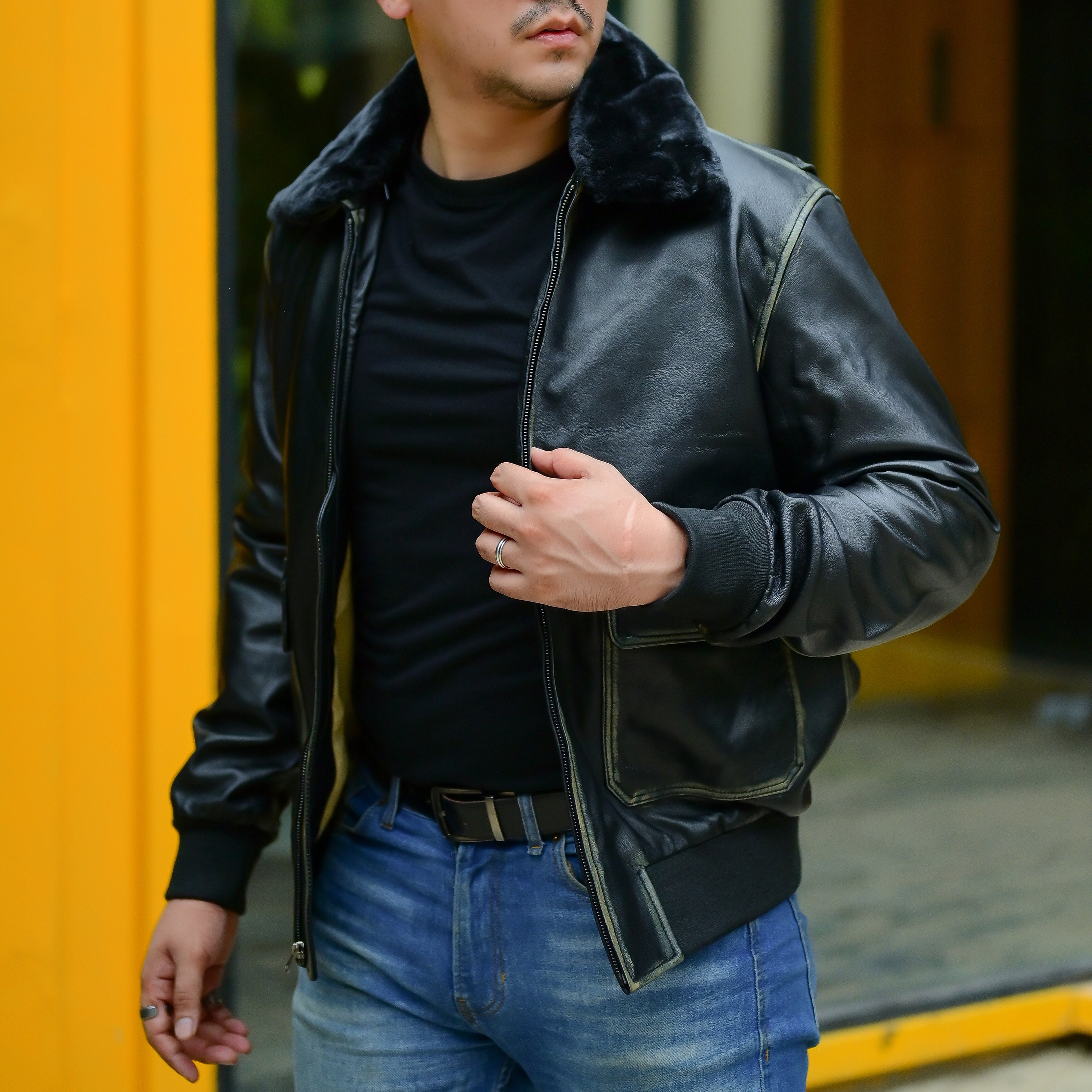 Navy G-1 Real Leather Bomber Jacket Men with Removable Fur Collar