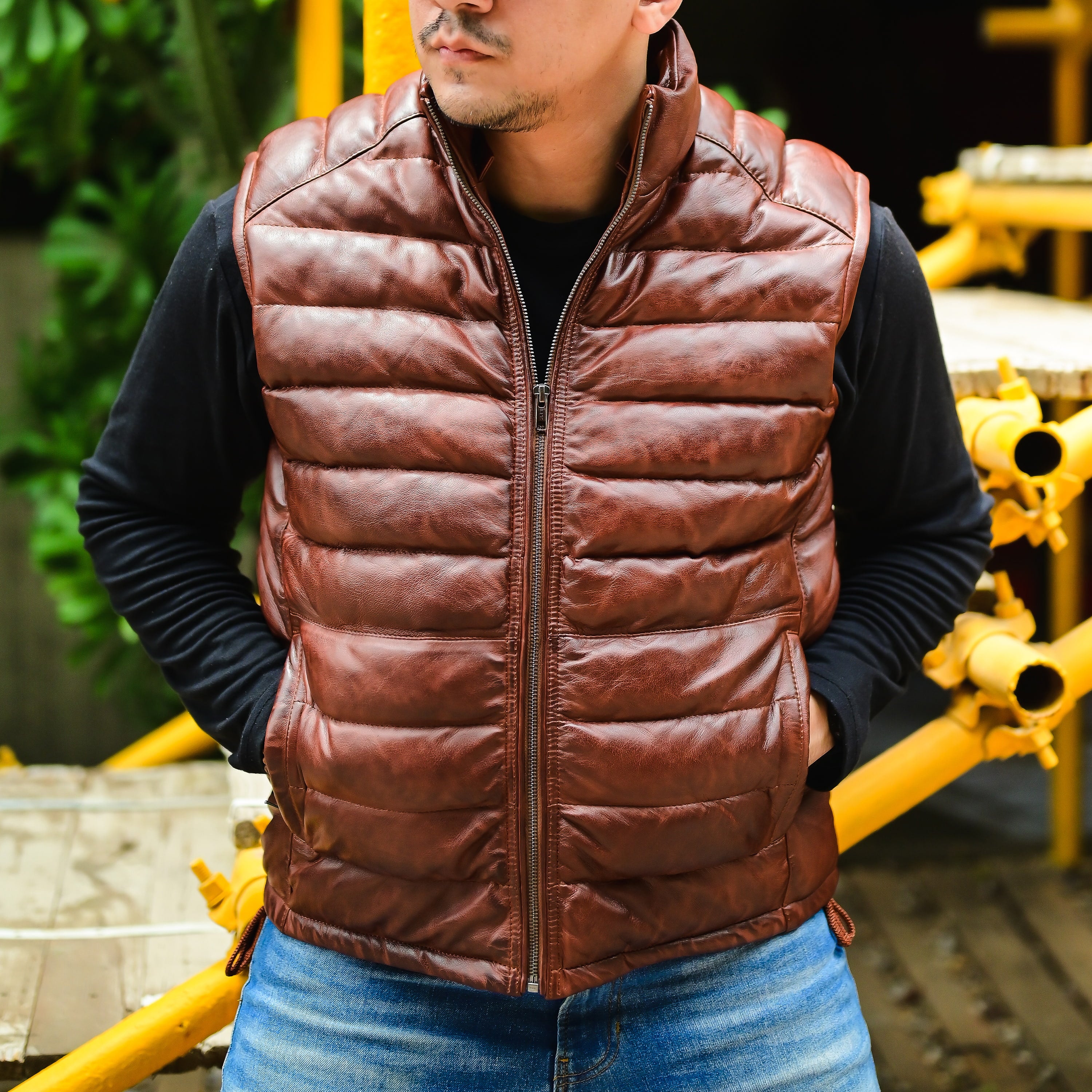 Jild Leather Puffer Vest with Removable Hood