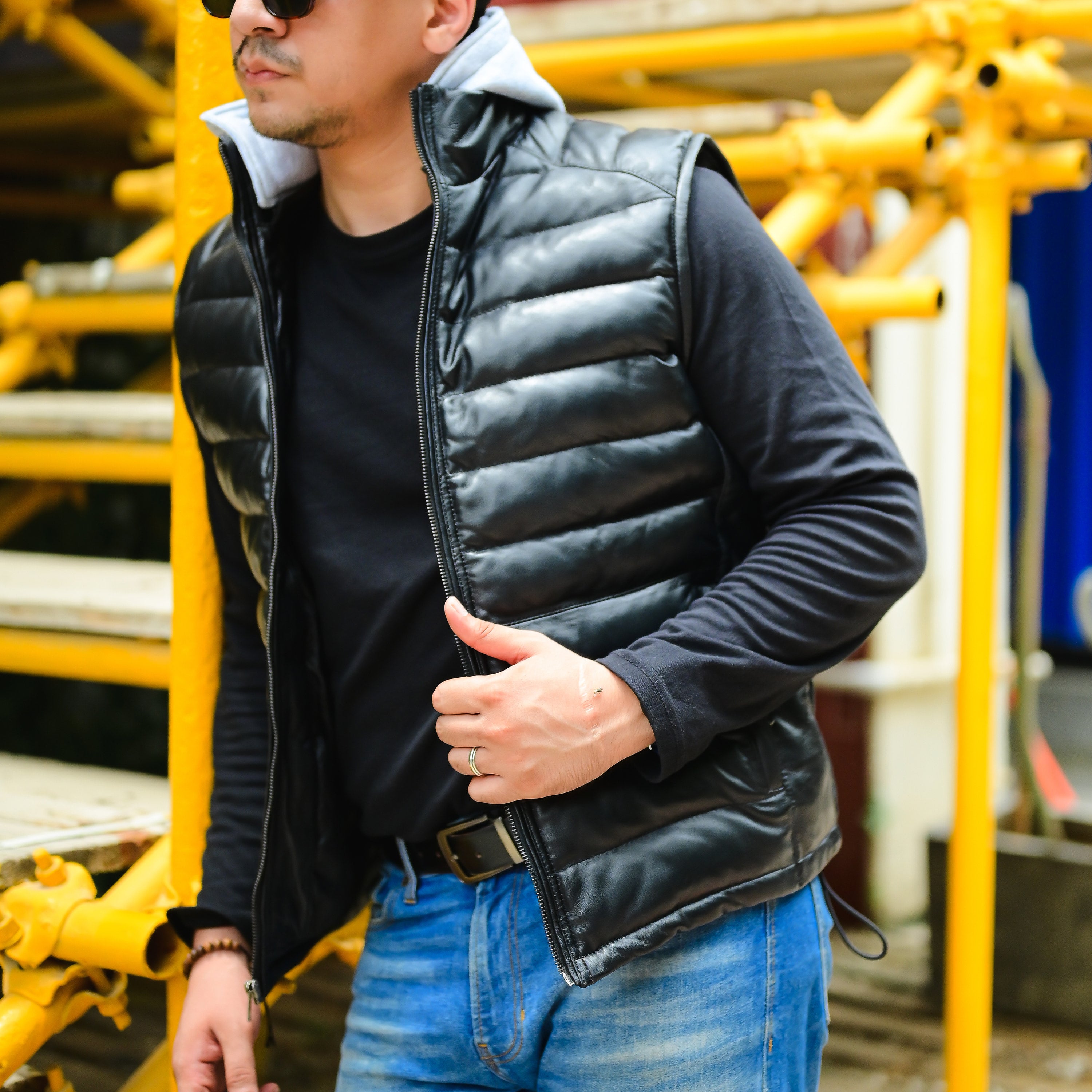 Jild Leather Puffer Vest with Removable Hood