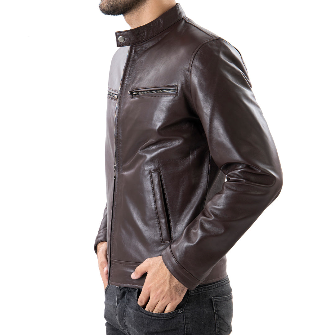 Brown Mens Pure Sheep Leather Zipper Jacket