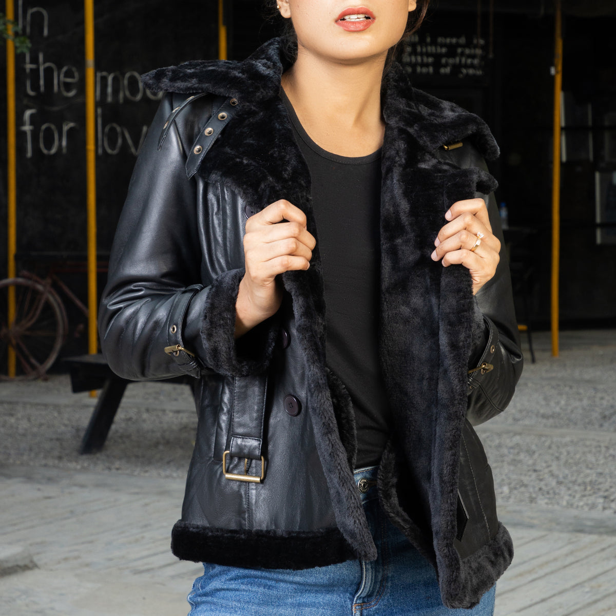 Women’s  Double Breasted Real Shearling Leather Jacket