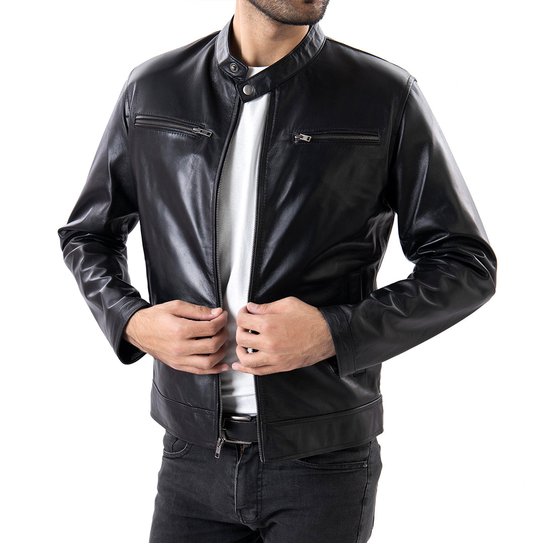 Black Mens Pure Sheep Leather Zipper Front Pockets Jacket