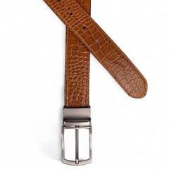 Mens 2in1 Croc Textured Style Reversible Leather Belt Tan Brown