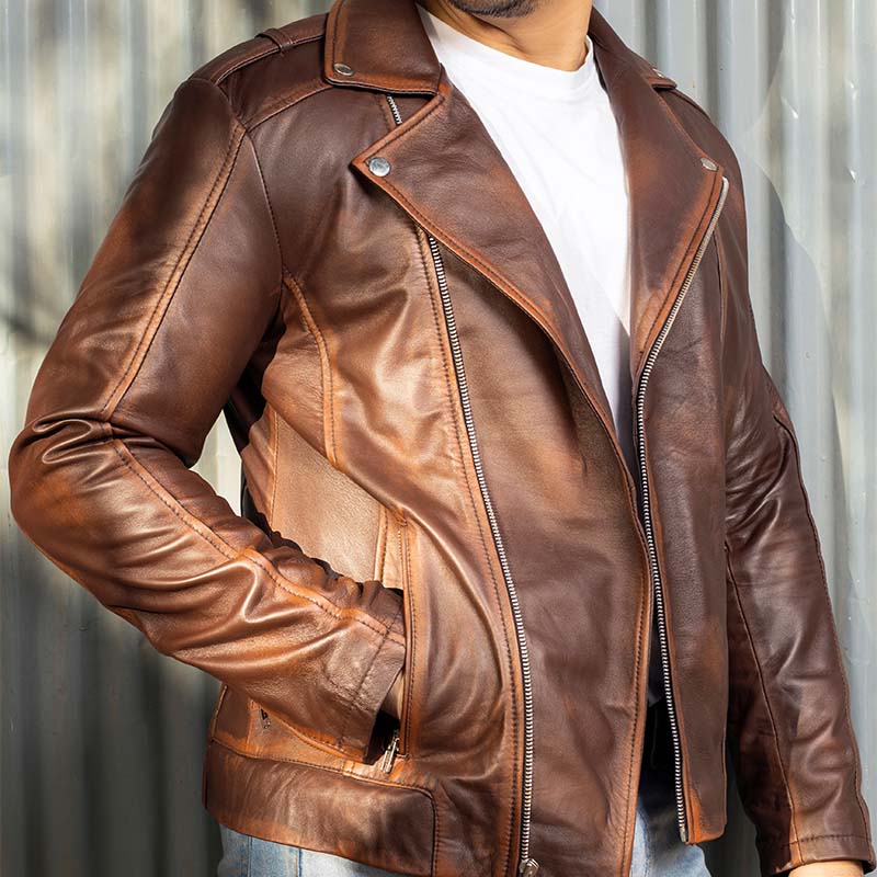 Biker Style Genuine Leather Jacket Men - Vintage Look Asymmetric Zip-Up Hand Waxed Leather Lapel Style Motorcycle Jacket-Brown