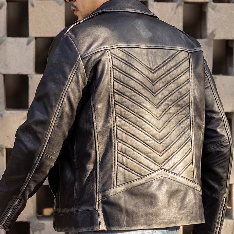 Biker Style Genuine Leather Jacket Men - Vintage Look Asymmetric Zip-Up Hand Waxed Leather Lapel Style Motorcycle Jacket-Black