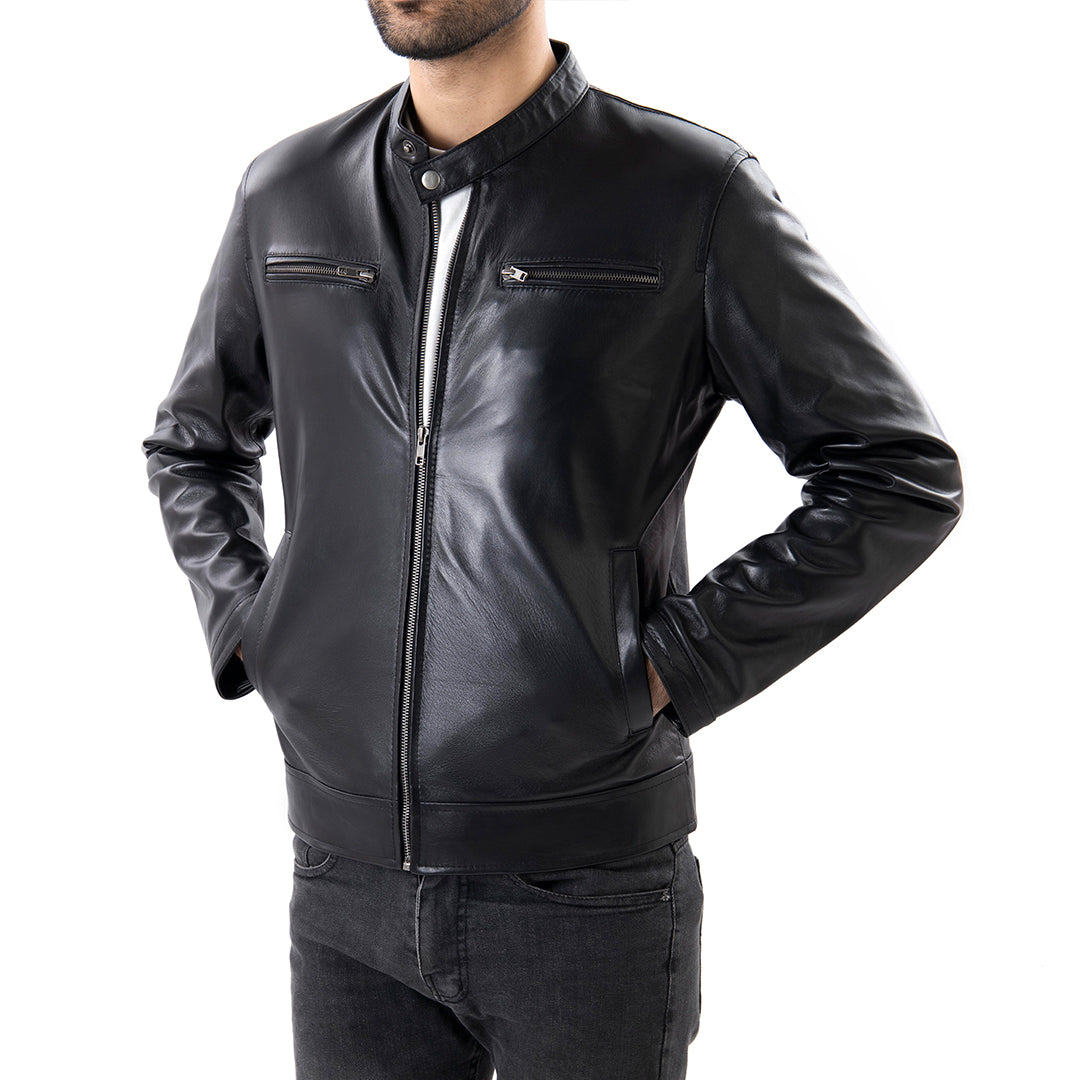 Black Mens Pure Sheep Leather Zipper Front Pockets Jacket