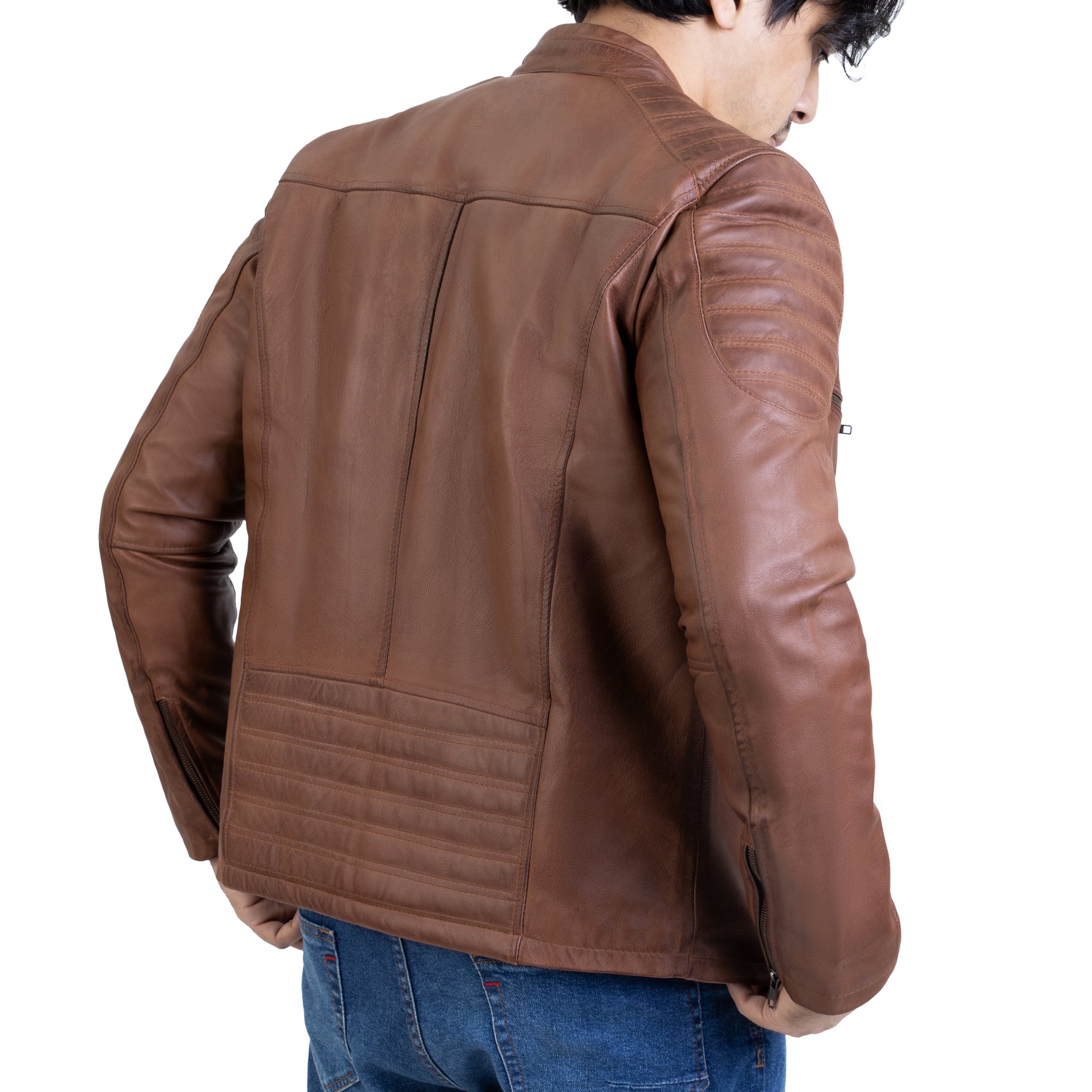 Mens Handwaxed Cognac Lambskin Biker Style Leather Jacket