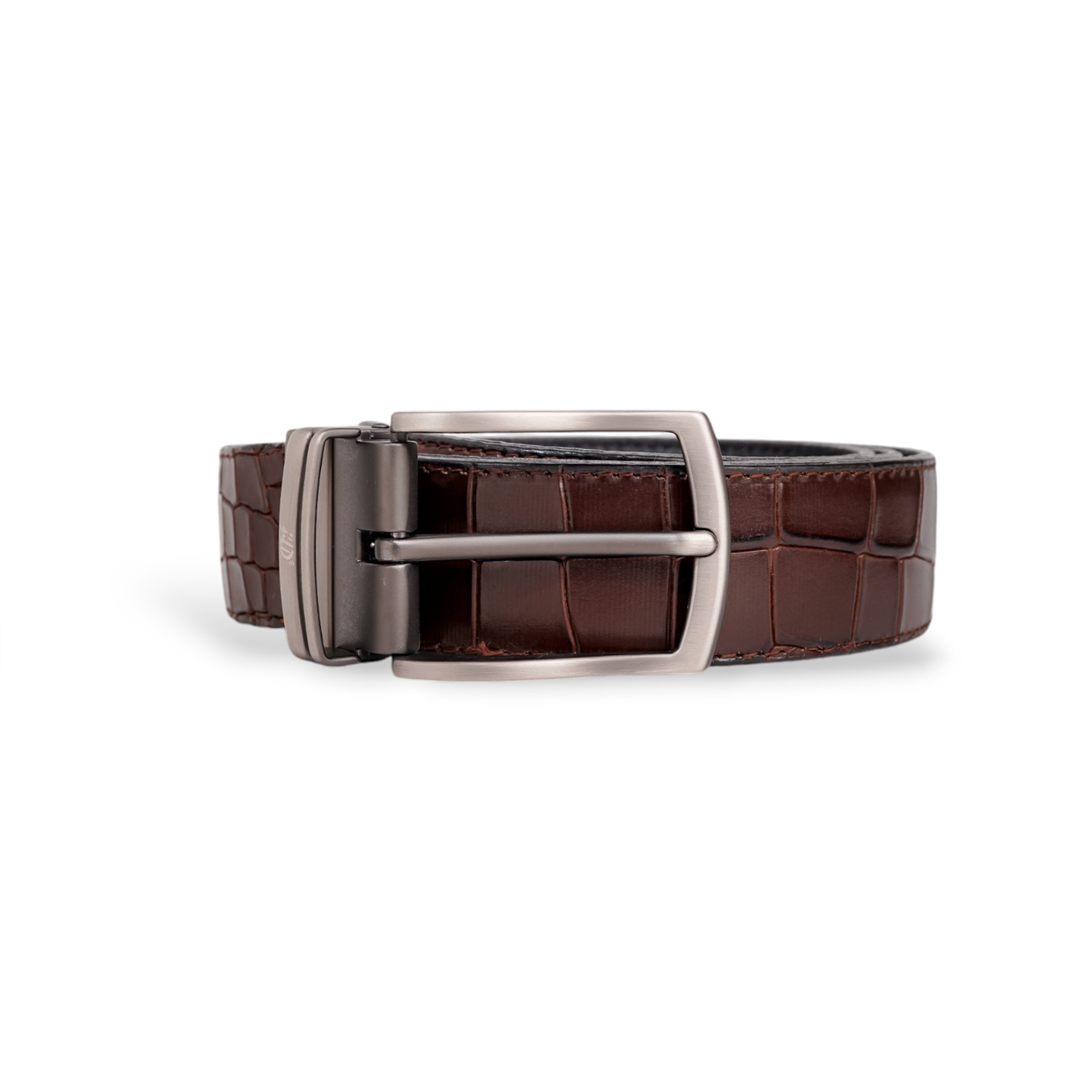 Mens 2in1 Croc Textured Style Reversible Leather Belt Dark Brown