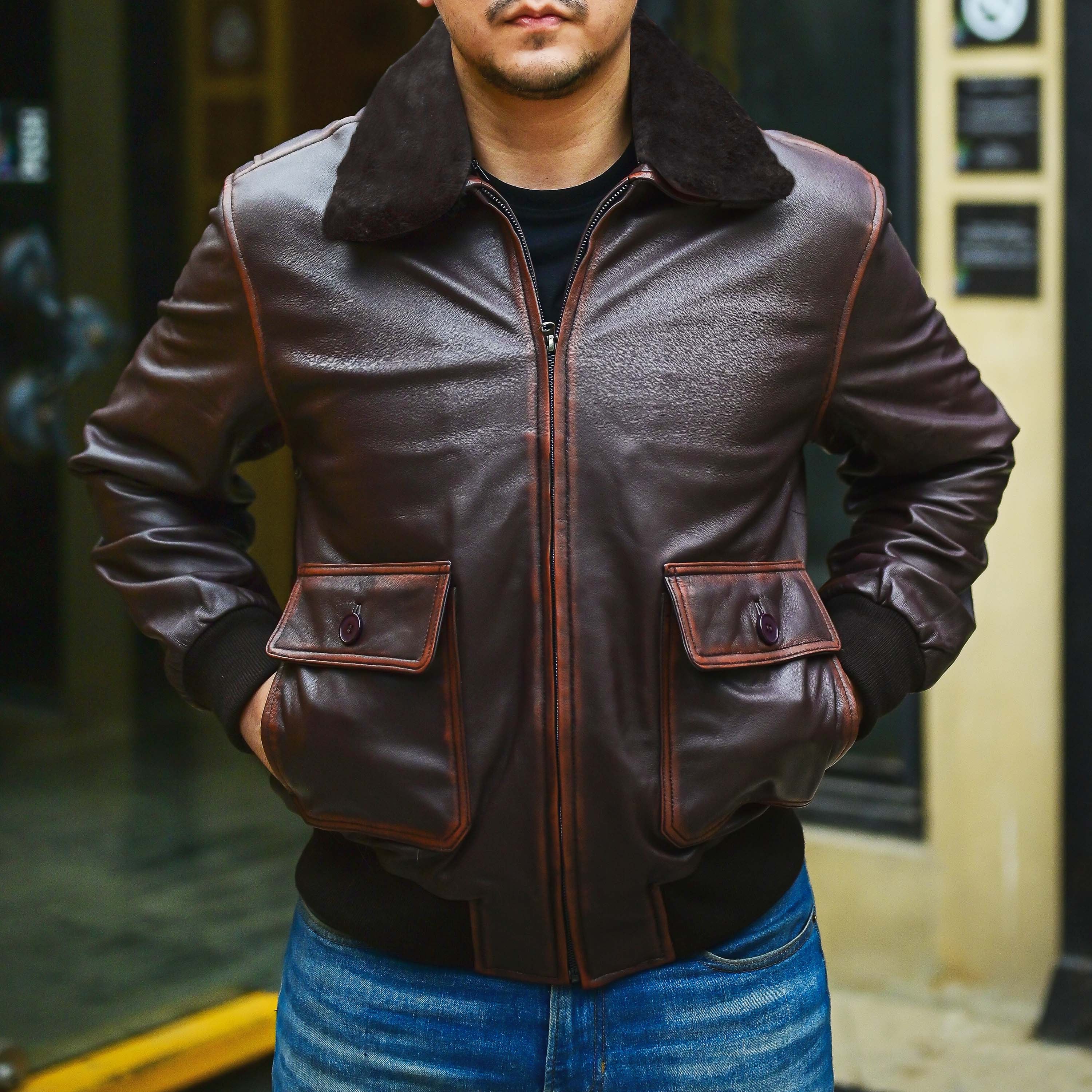 Navy G-1 Real Leather Bomber Jacket Men with Removable Fur Collar