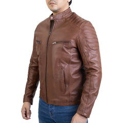 Mens Handwaxed Cognac Lambskin Biker Style Leather Jacket