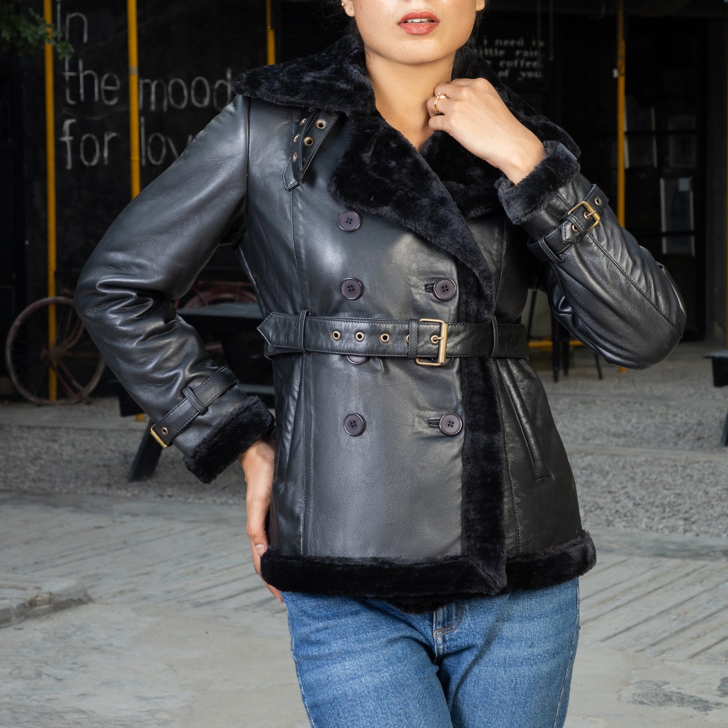 Women’s  Double Breasted Real Shearling Leather Jacket