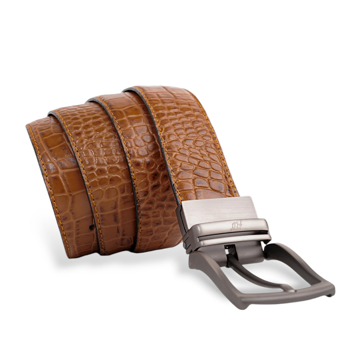 Mens 2in1 Croc Textured Style Reversible Leather Belt Tan Brown