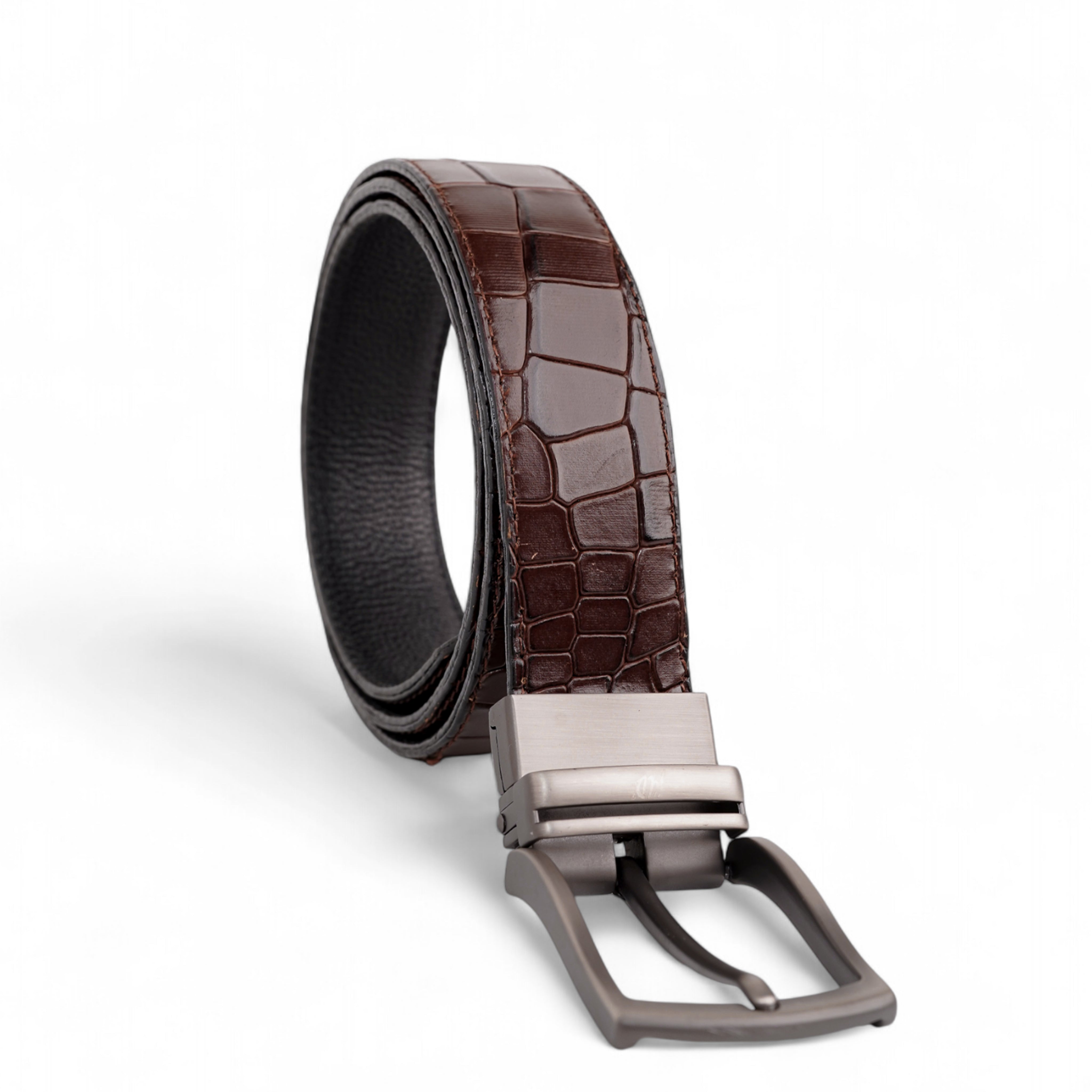 Mens 2in1 Croc Textured Style Reversible Leather Belt Dark Brown