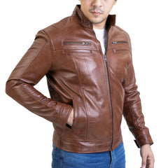 Mens Classic Zipper Pockets Handwaxed Leather Jacket