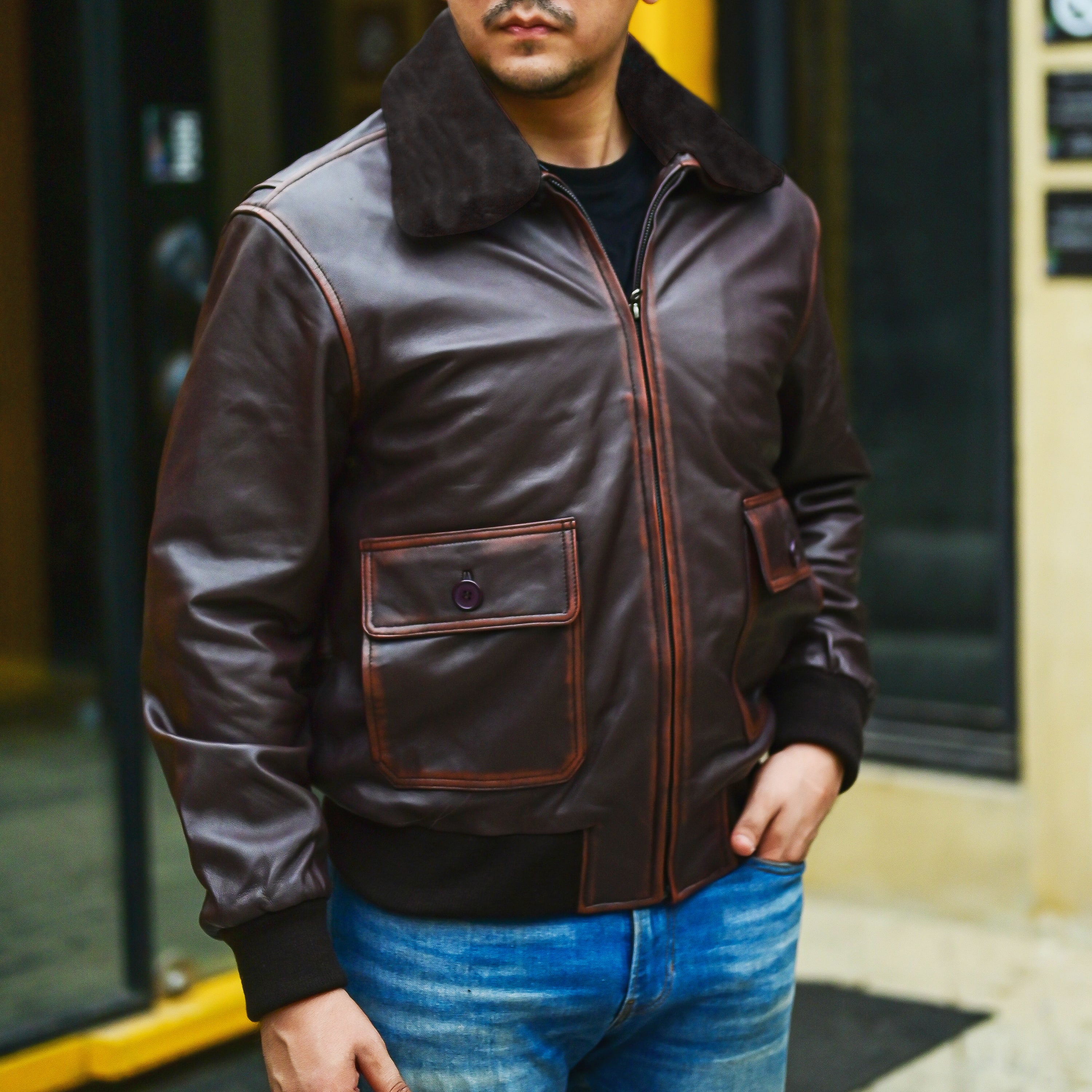 Navy G-1 Real Leather Bomber Jacket Men with Removable Fur Collar