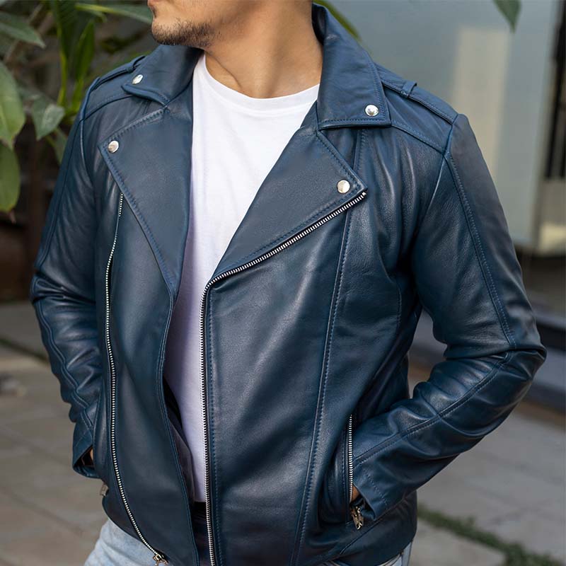 Biker Style Genuine Leather Jacket Men - Vintage Look Asymmetric Zip-Up Hand Waxed Leather Lapel Style Motorcycle Jacket-Blue