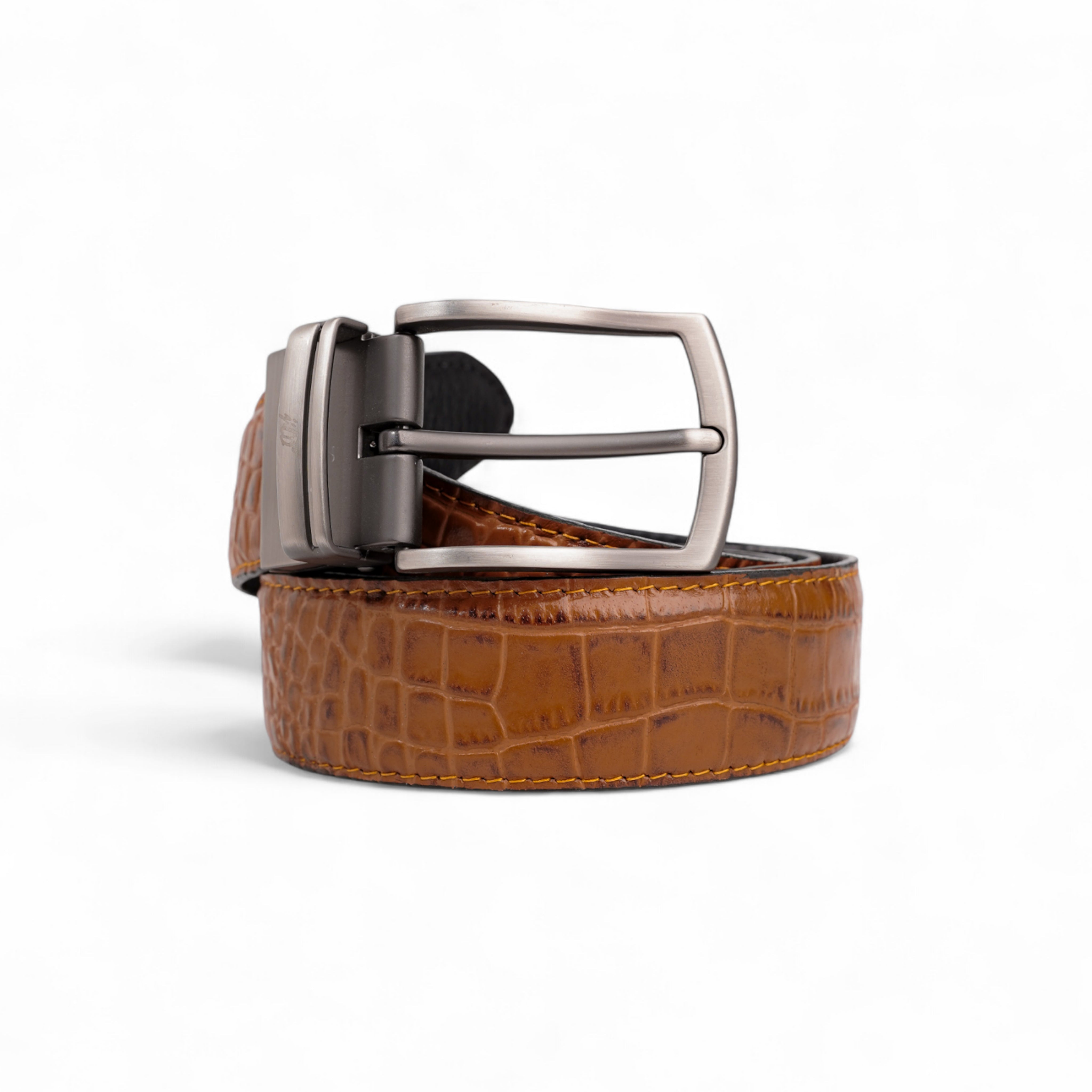 Mens 2in1 Croc Textured Style Reversible Leather Belt Tan Brown