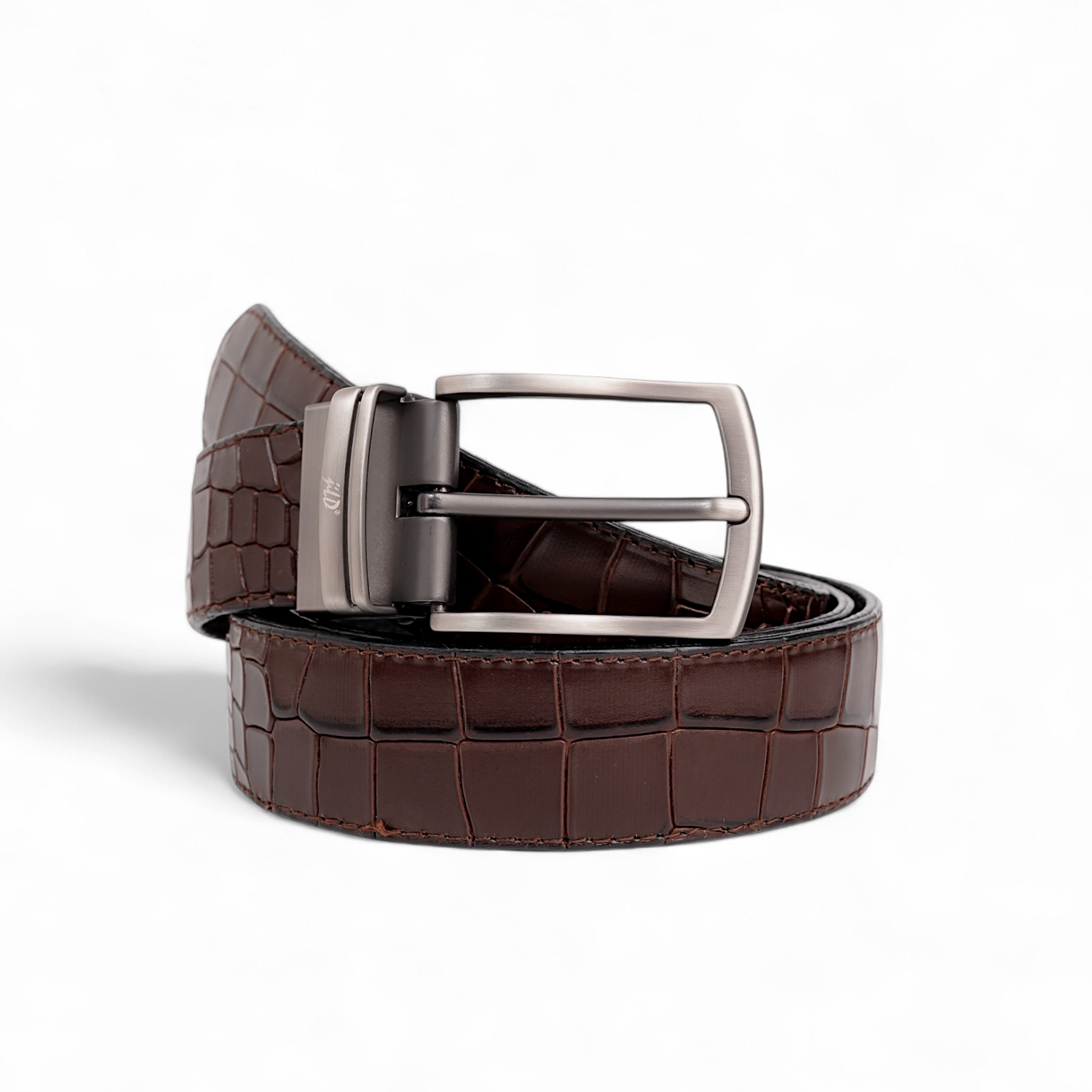 Mens 2in1 Croc Textured Style Reversible Leather Belt Dark Brown