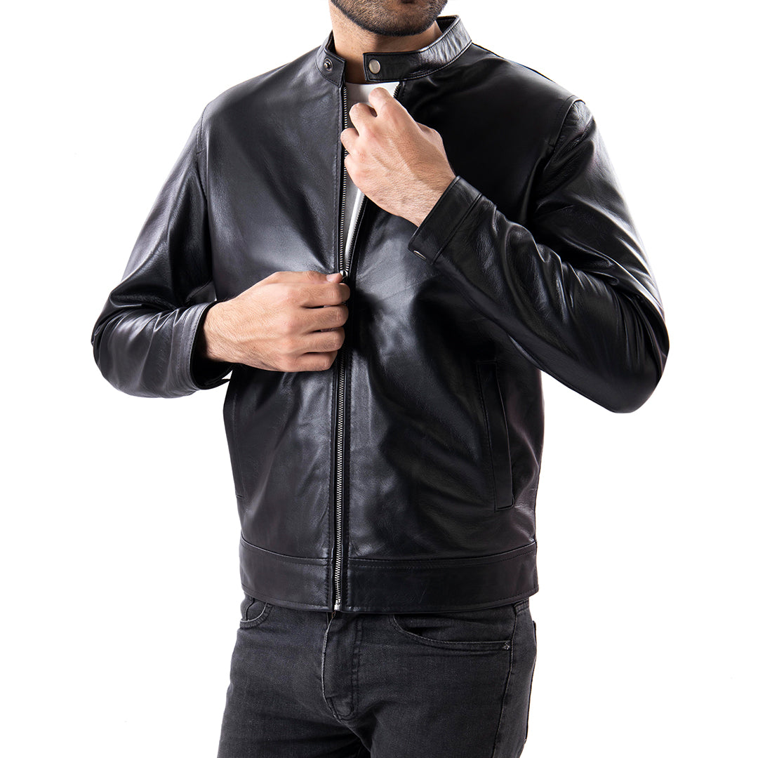 Black Mens Pure Sheep Leather Zipper Jacket