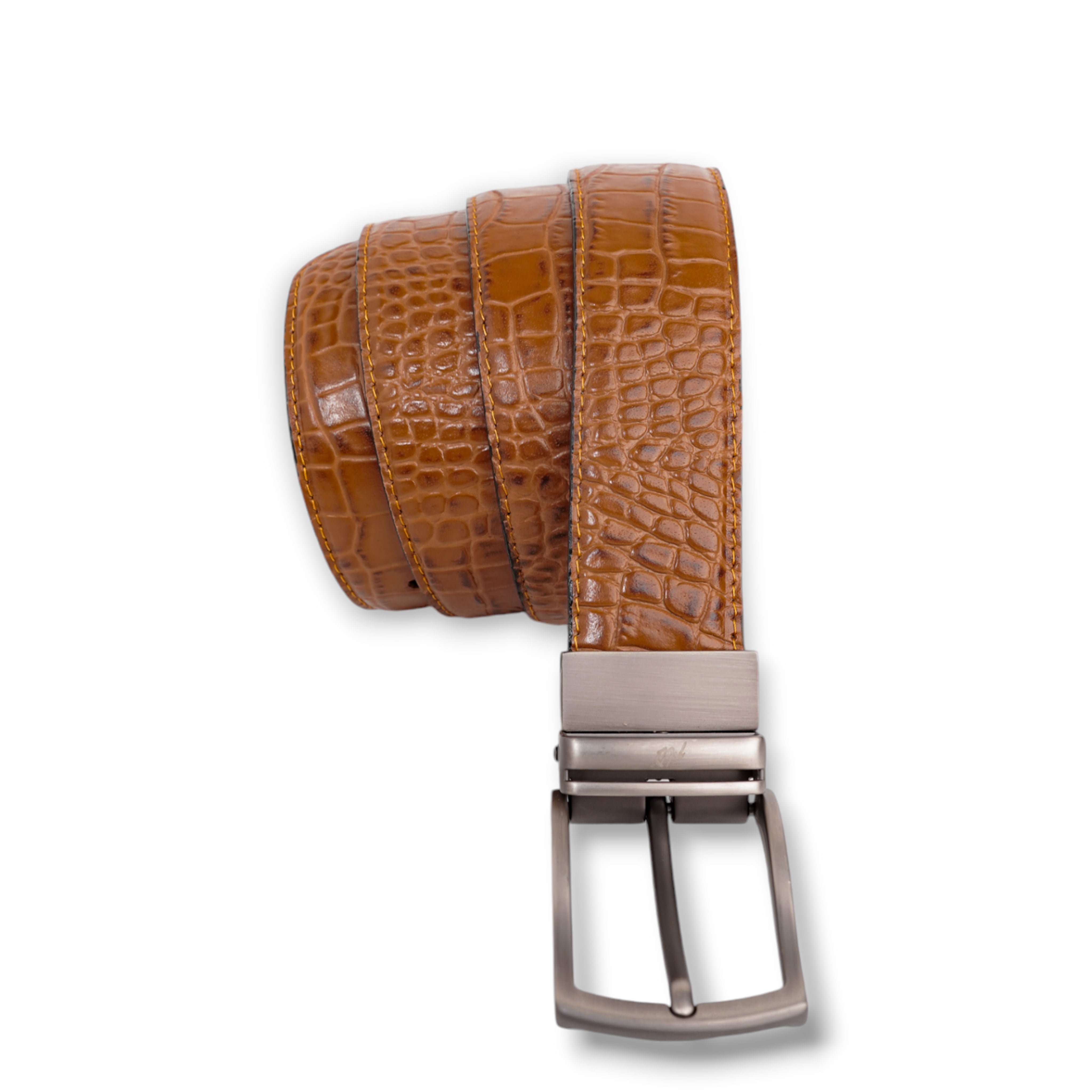 Mens 2in1 Croc Textured Style Reversible Leather Belt Tan Brown