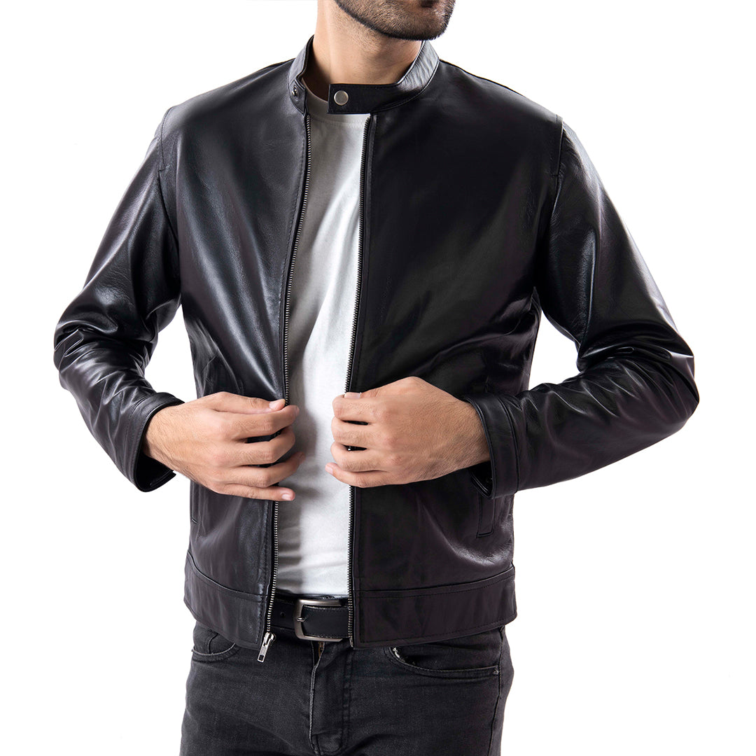 Black Mens Pure Sheep Leather Zipper Jacket