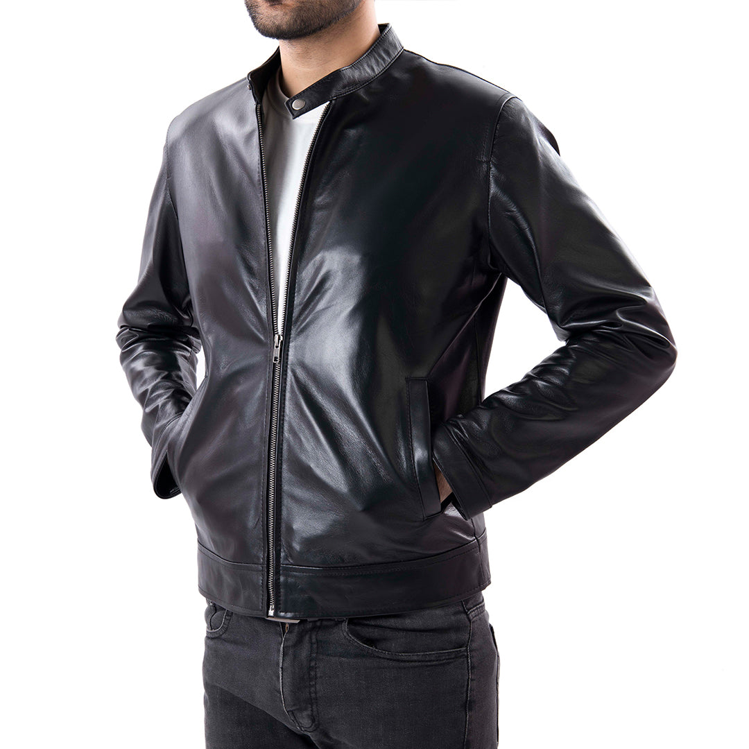 Black Mens Pure Sheep Leather Zipper Jacket