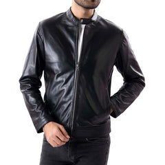 Black Mens Pure Sheep Leather Zipper Jacket