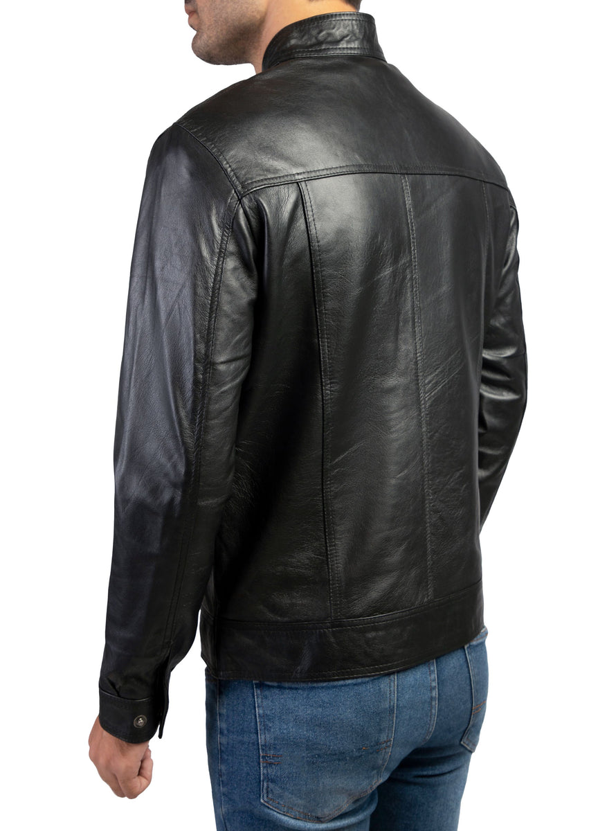 Mens Snap Tab Collar Button Leather Jacket – Jild