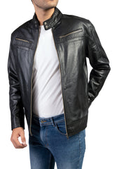 Mens Snap Tab Collar Button Leather Jacket