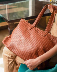 Handmade Woven  Original Leather Bag With Zipper-Tan Brown