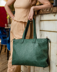 Handmade Woven Original Leather Bag With Zipper-Green