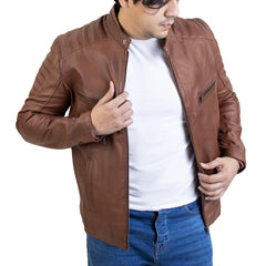 Mens Handwaxed Cognac Lambskin Biker Style Leather Jacket