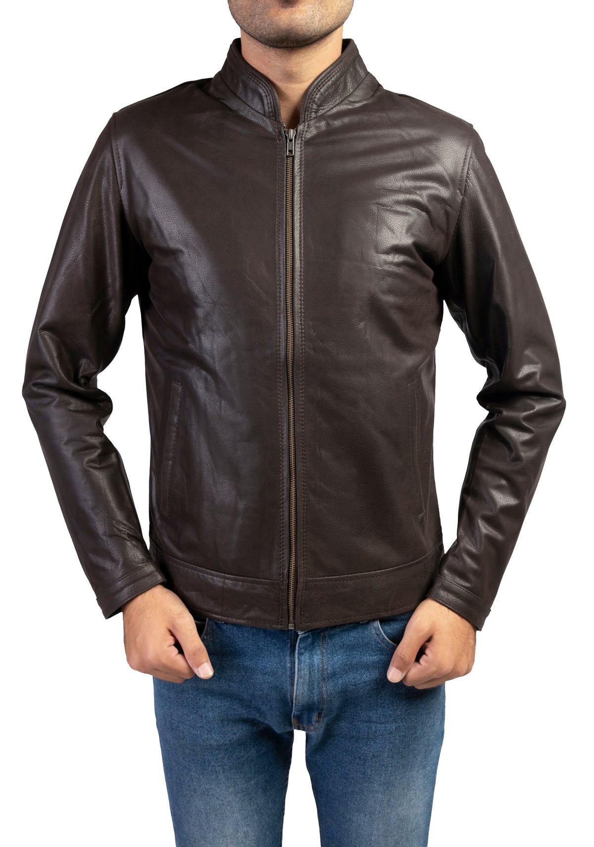 Mens Cow Leather Jacket Collar Style-Brown