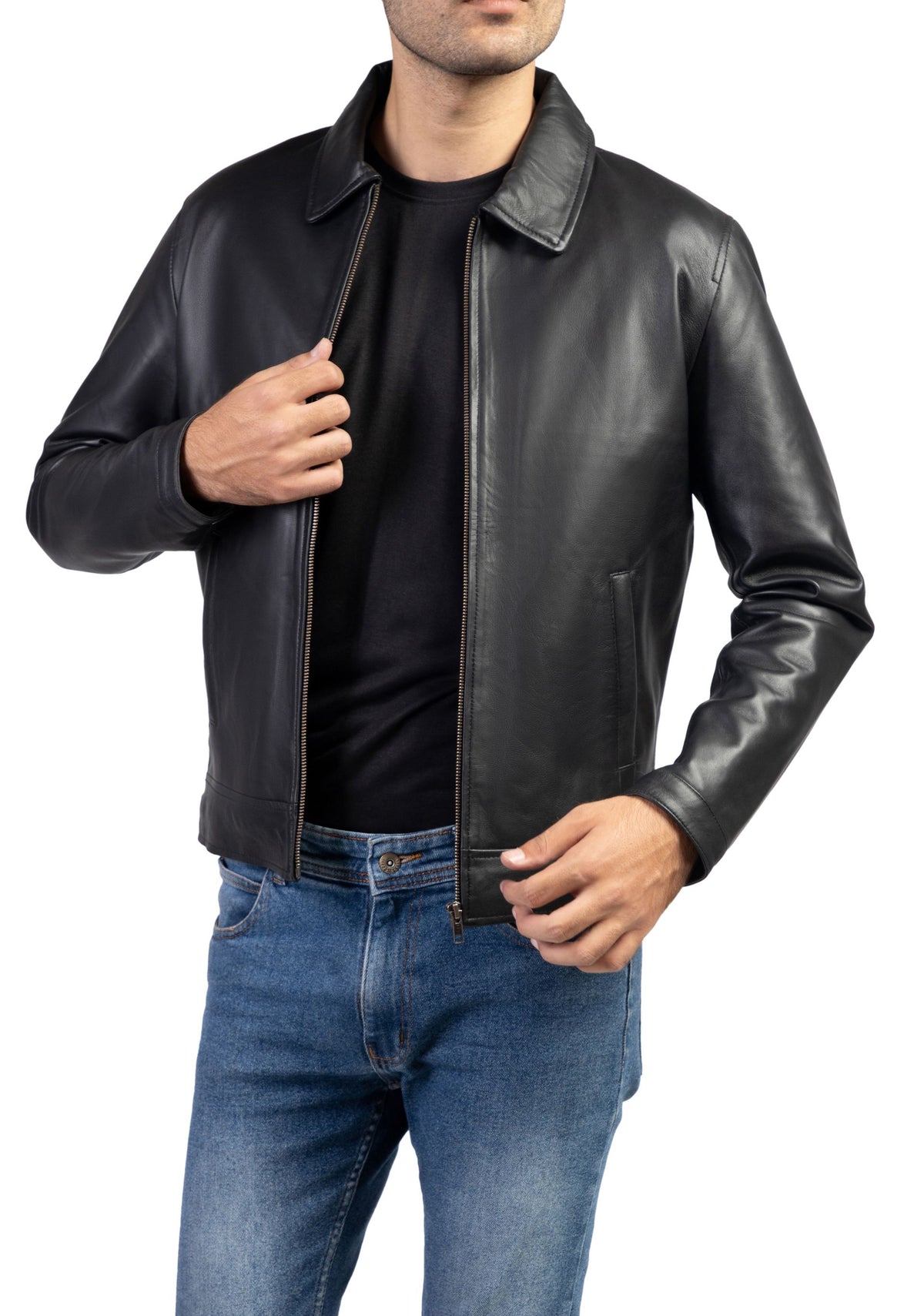 Men's Harrington Collar Shirt Premium Leather Jacket-Black