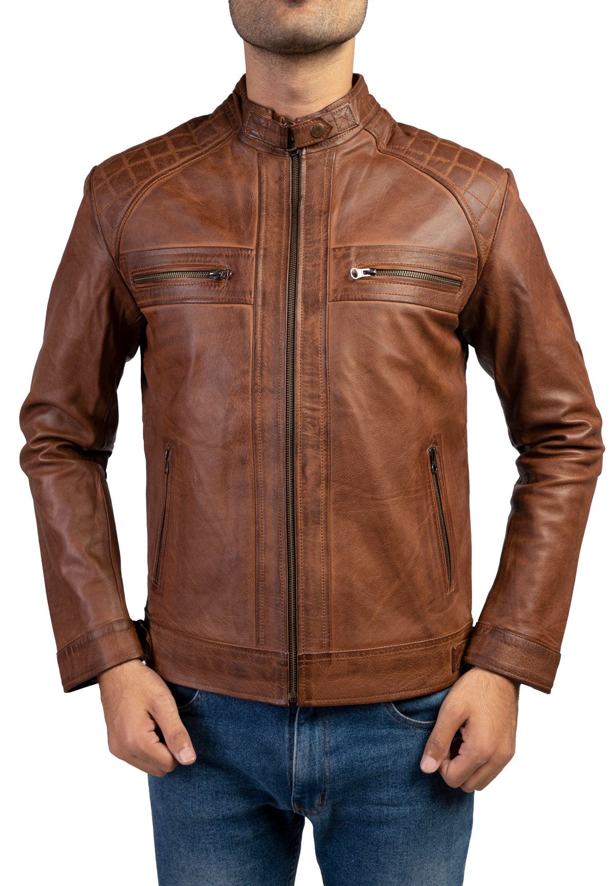 Men's Casual Signature Diamond Lambskin Leather Jacket-Wax Brown