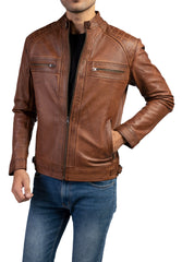 Men's Casual Signature Diamond Lambskin Leather Jacket-Wax Brown