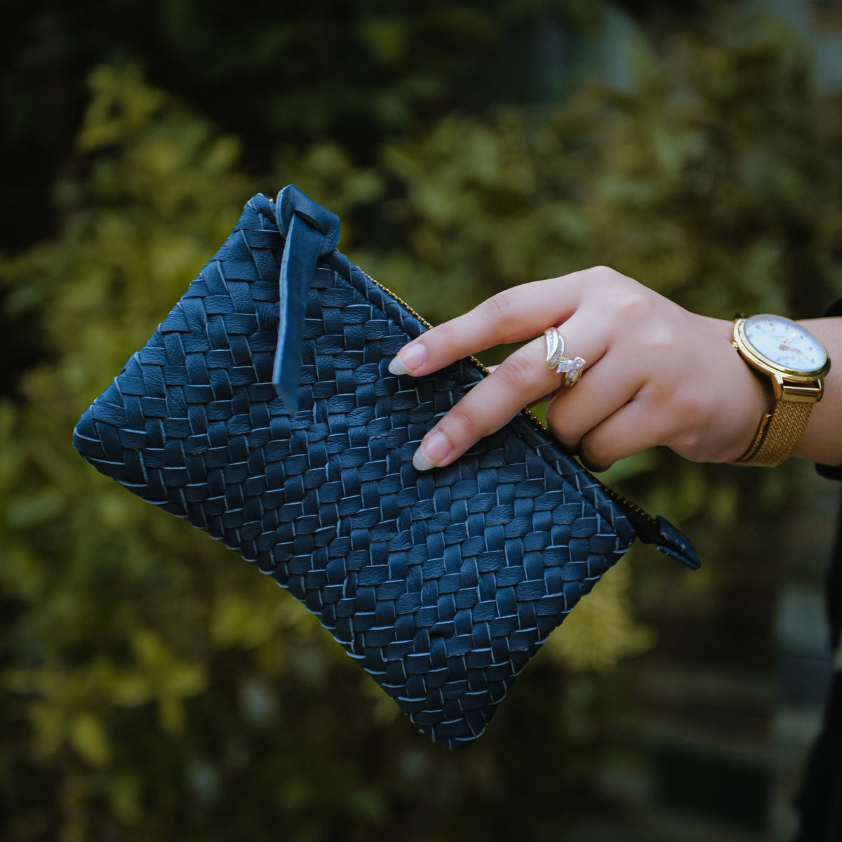 Coffer Mini Handwoven Leather Zipper Clutch-Blue