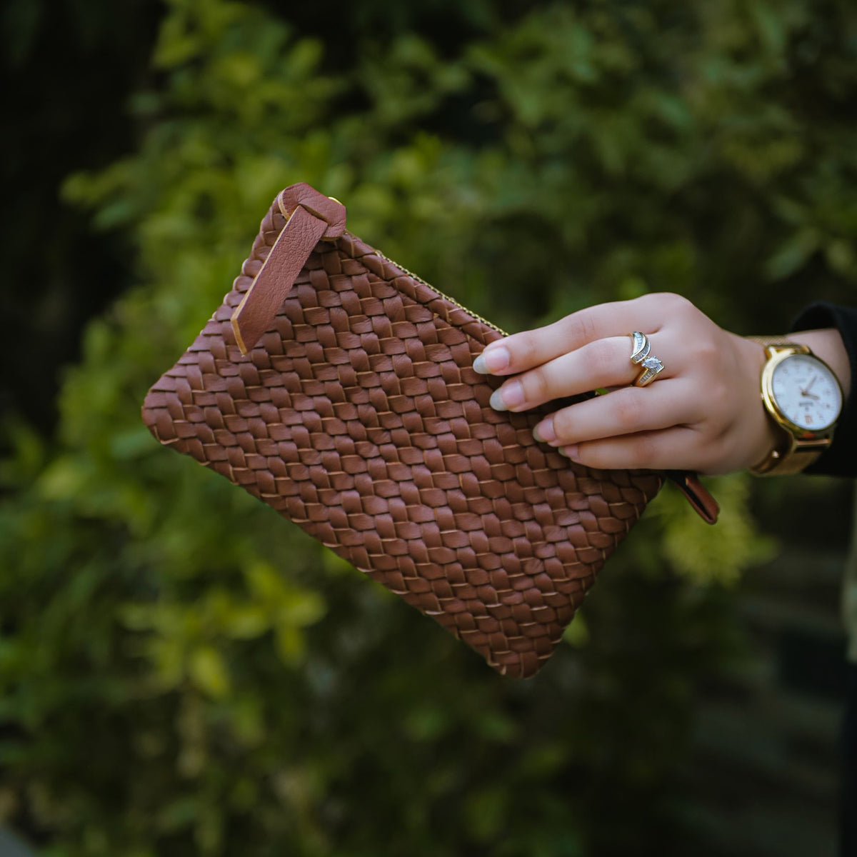 Coffer Mini Handwoven Leather Zipper Clutch-Tan Brown